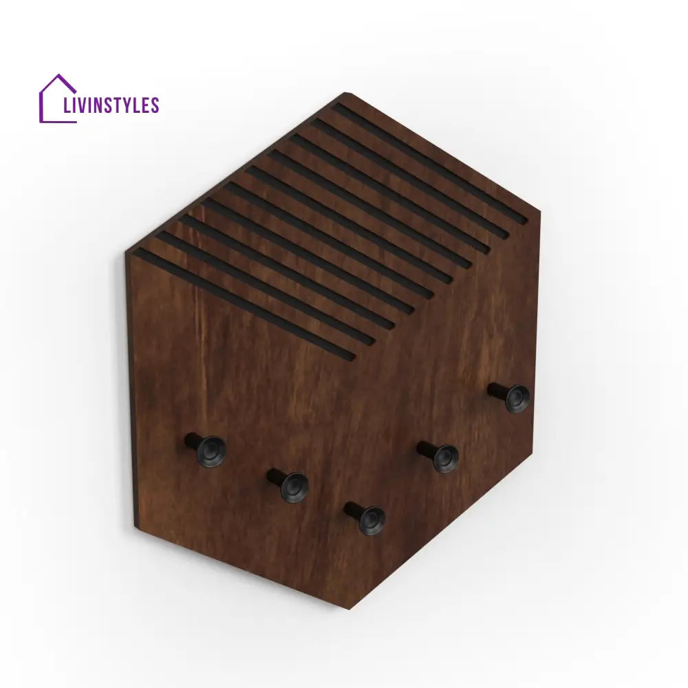 Ramnet Wall Mounted Decor Key Holder Hanger with 5 Hooks & Knobs (Brown Maple with 5 Black Knobs)