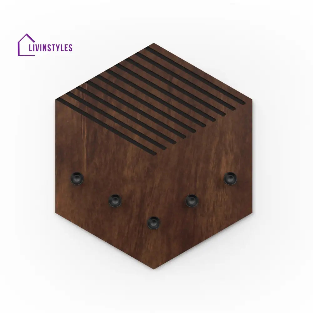 Ramnet Wall Mounted Decor Key Holder Hanger with 5 Hooks & Knobs (Brown Maple with 5 Black Knobs)