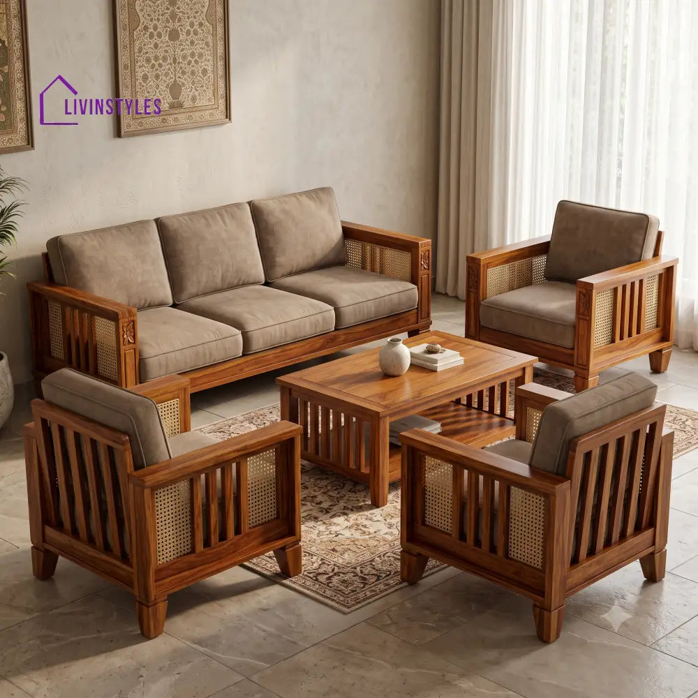 Ramya Wooden Sofa Set | 3 + 1 + 1 Sheesham Wood Sofa Set for Living Room