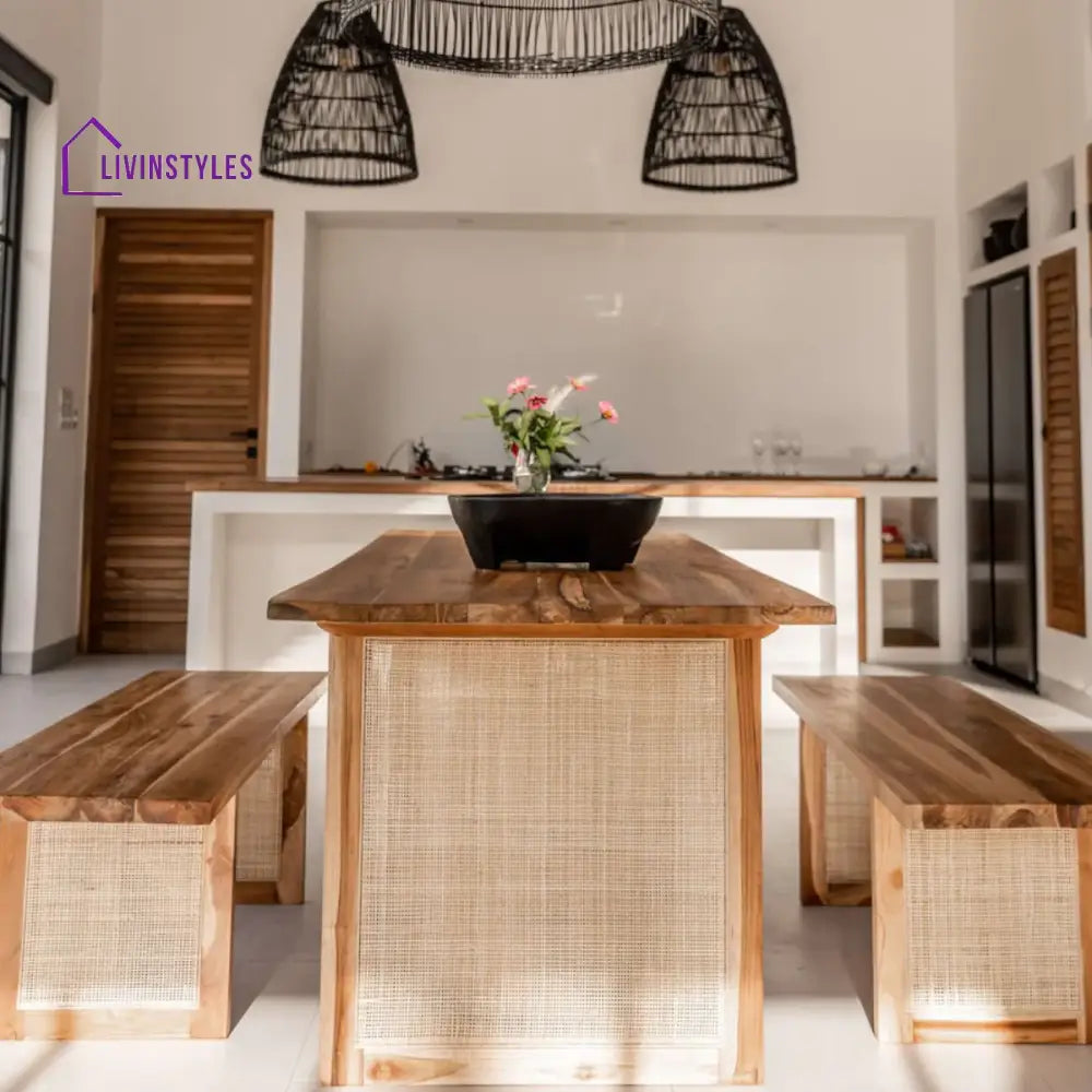 Ranya 6 Seater Rattan Dining Table 2 Chairs With Bench 4 Seater (Size: 43 L x 43 W x 30 H) 4 Chairs / Teak Wood