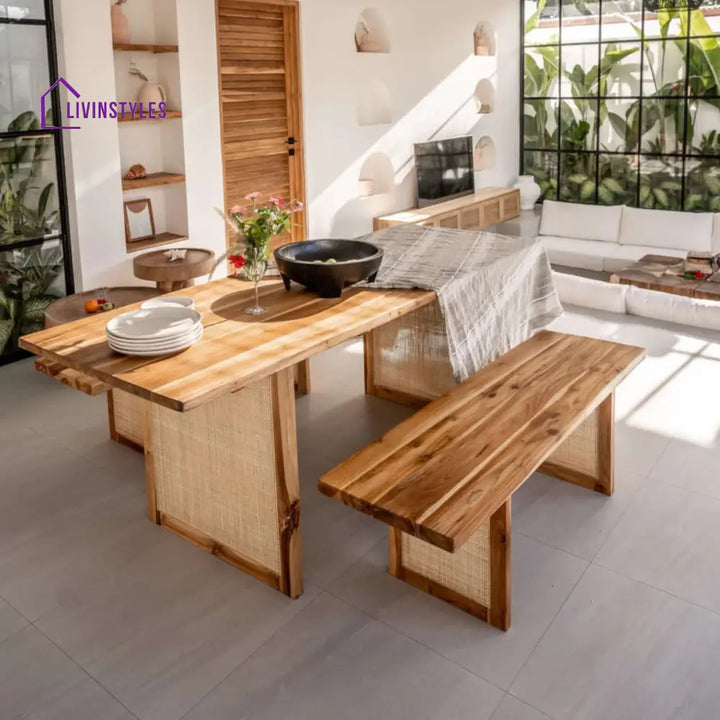 Ranya 6 Seater Rattan Dining Table 2 Chairs With Bench 6 Seater (Size: 72 L x 39 W x 30 H) 2 benches and 2 Chairs