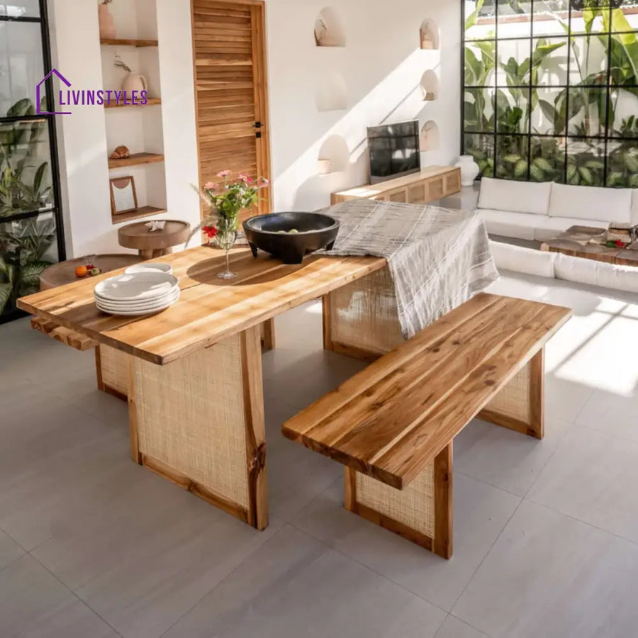 Ranya 6 Seater Rattan Dining Table 2 Chairs With Bench 6 Seater (Size: 72 L x 39 W x 30 H) 2 benches and 2 Chairs