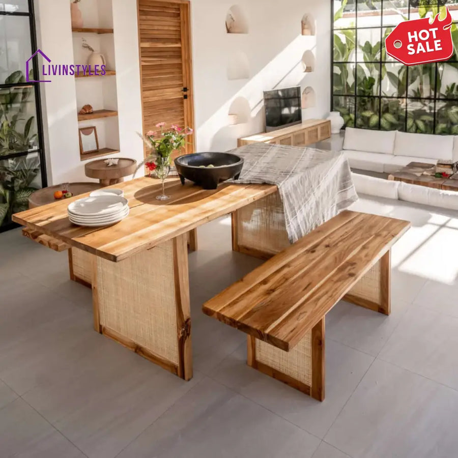 Ranya 6 Seater Rattan Dining Table 2 Chairs With Bench 6 Seater (Size: 72 L x 39 W x 30 H) 2 benches and 2 Chairs