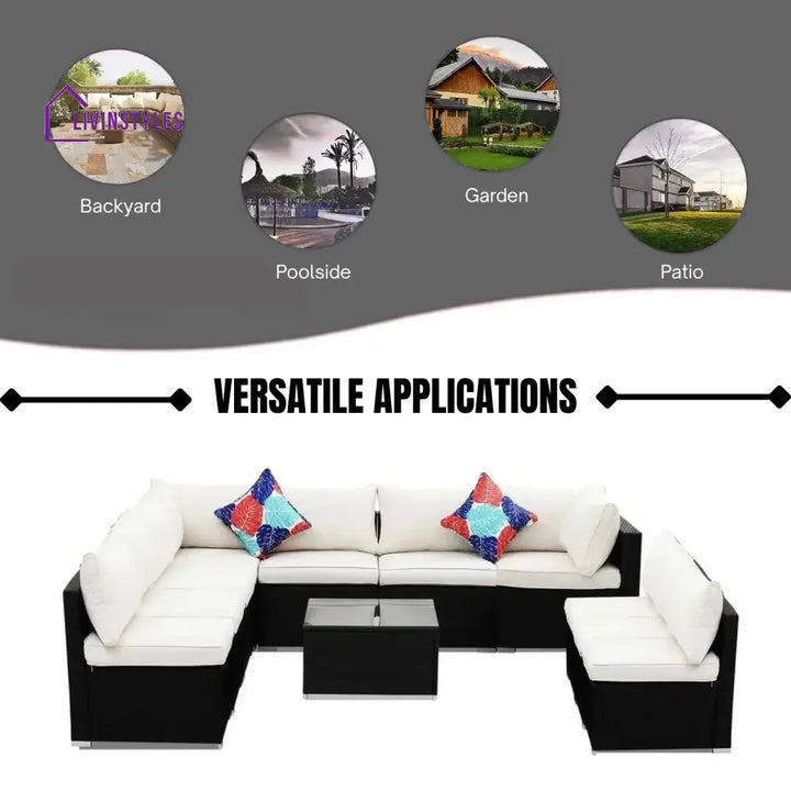 Ranya Outdoor Garden Conversation Sofa Set (Black/Off-White) - Sofa Set