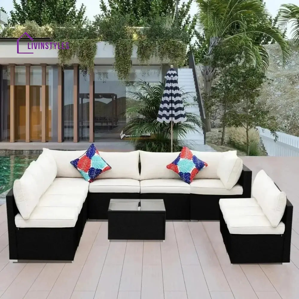 Ranya Outdoor Garden Conversation Sofa Set (Black/Off-White) - Sofa Set
