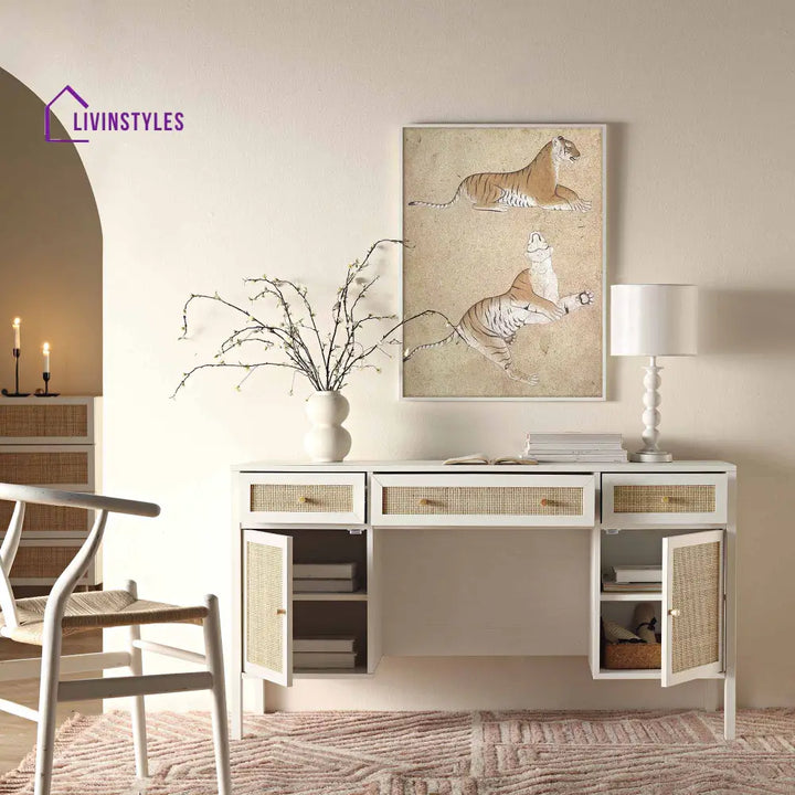 Frances Woven Rattan 3-Drawer Desk White Desk