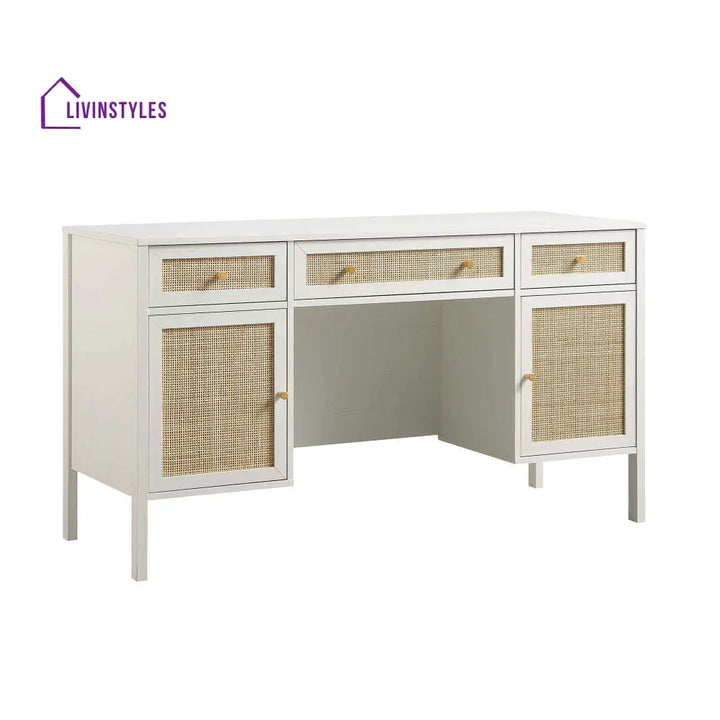 Frances Woven Rattan 3-Drawer Desk White Desk