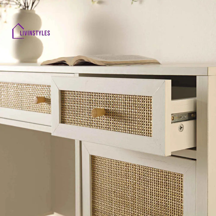 Frances Woven Rattan 3-Drawer Desk White Desk