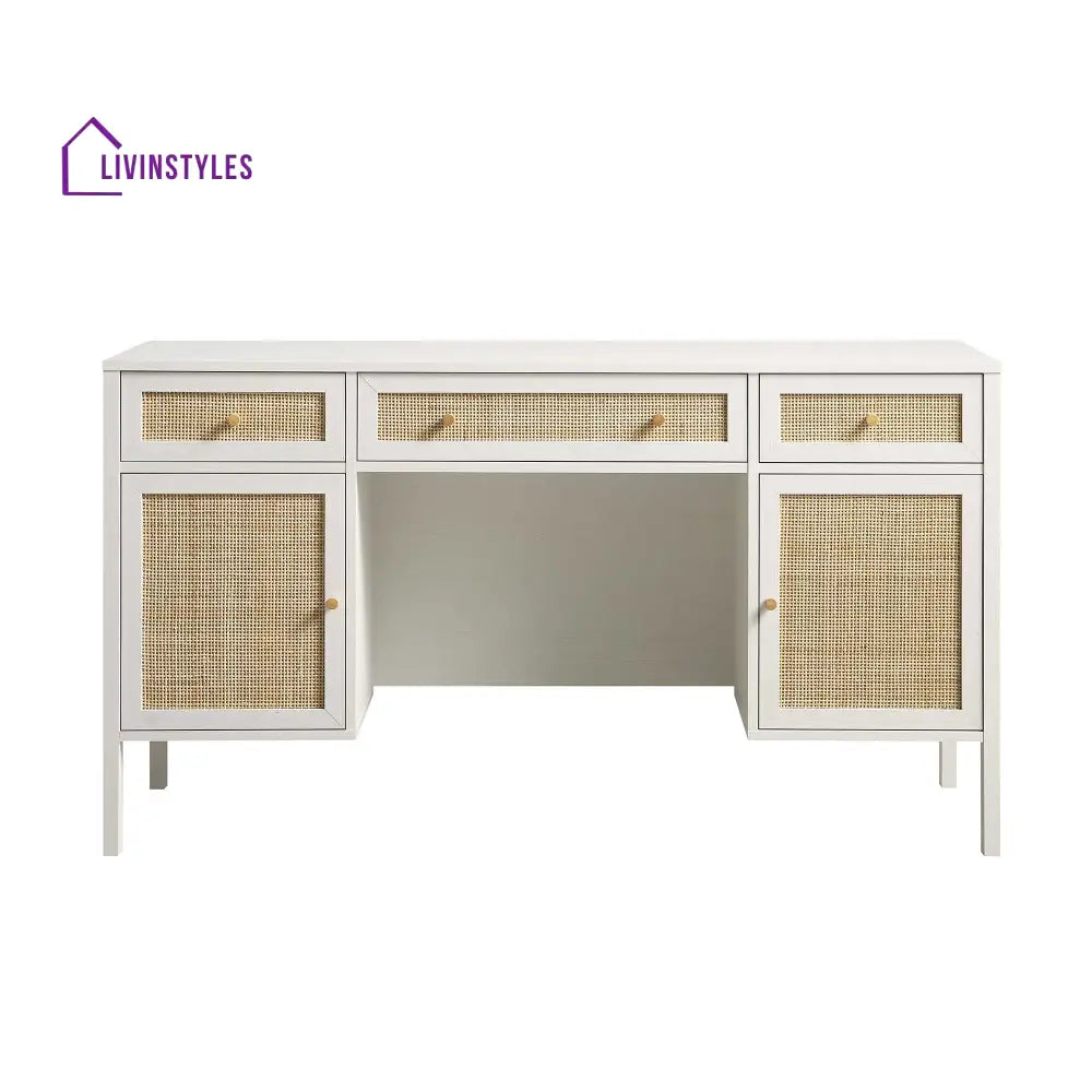 Frances Woven Rattan 3-Drawer Desk White Desk