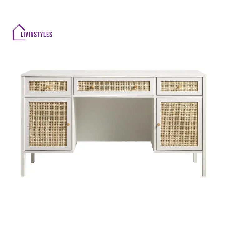 Frances Woven Rattan 3-Drawer Desk White Desk