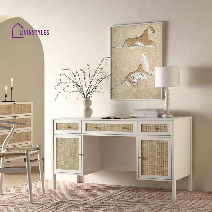 Frances Woven Rattan 3-Drawer Desk White Desk