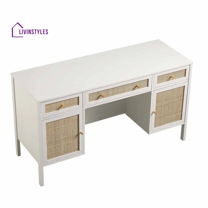 Frances Woven Rattan 3-Drawer Desk White Desk