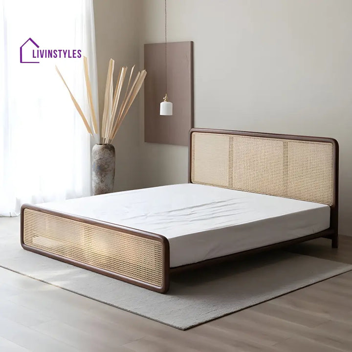 Ranya Solid Wood Bed without Storage | Cane Weaving Headboard and Footrest