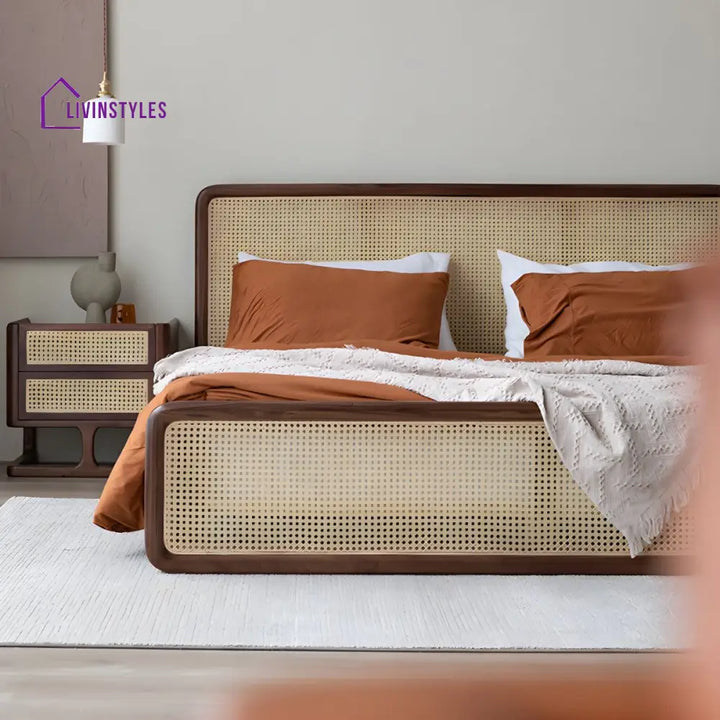 Ranya Solid Wood Bed without Storage | Cane Weaving Headboard and Footrest