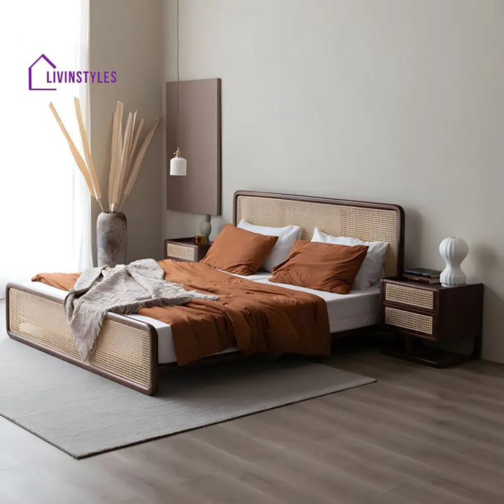 Ranya Solid Wood Bed without Storage | Cane Weaving Headboard and Footrest