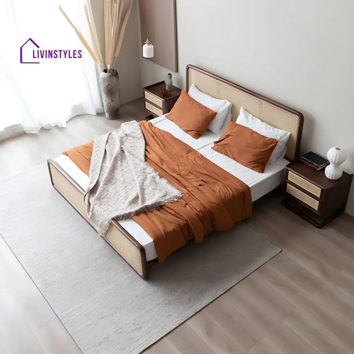 Ranya Solid Wood Bed without Storage | Cane Weaving Headboard and Footrest