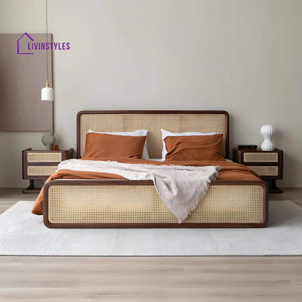 Ranya Solid Wood Bed without Storage | Cane Weaving Headboard and Footrest