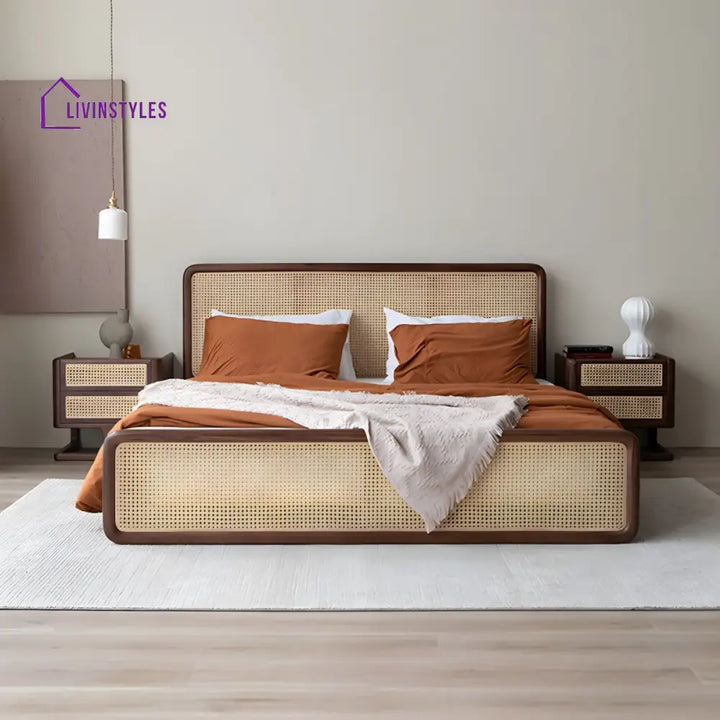 Ranya Solid Wood Bed without Storage | Cane Weaving Headboard and Footrest