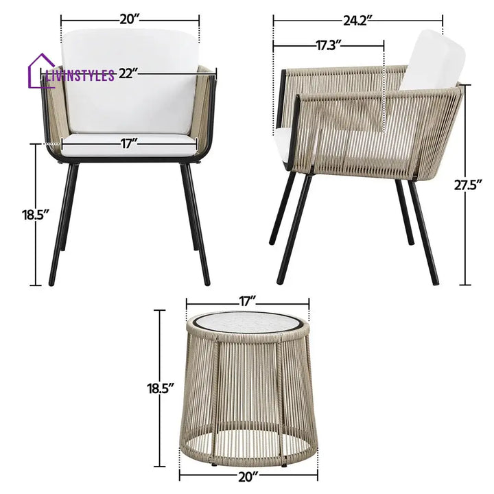 Rapid Outdoor Patio Seating Set 2 Chairs and 1 Table Set (Cream) Braided & Rope - Coffee Table Sets