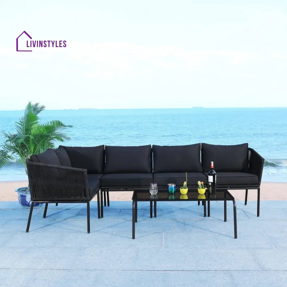 Rasha Outdoor Black Rope L-Shape All Weather Sectional Sofa Set - Sofa Set