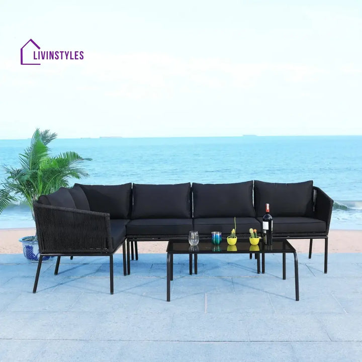 Rasha Outdoor Black Rope L-Shape All Weather Sectional Sofa Set - Sofa Set
