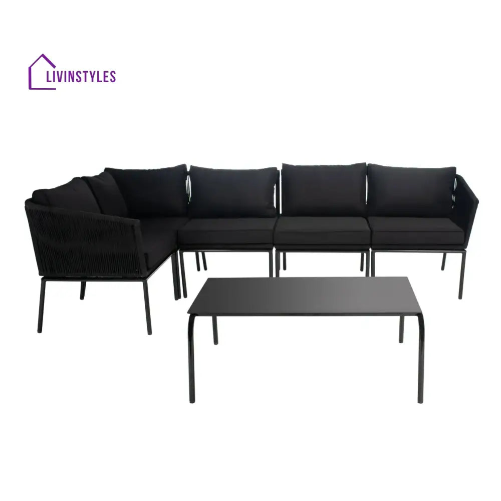 Rasha Outdoor Black Rope L-Shape All Weather Sectional Sofa Set - Sofa Set