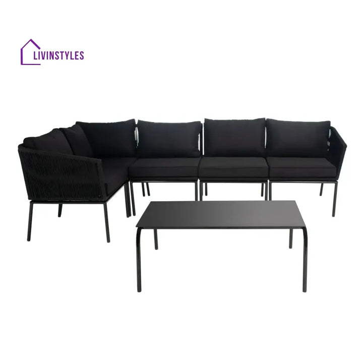 Rasha Outdoor Black Rope L-Shape All Weather Sectional Sofa Set - Sofa Set