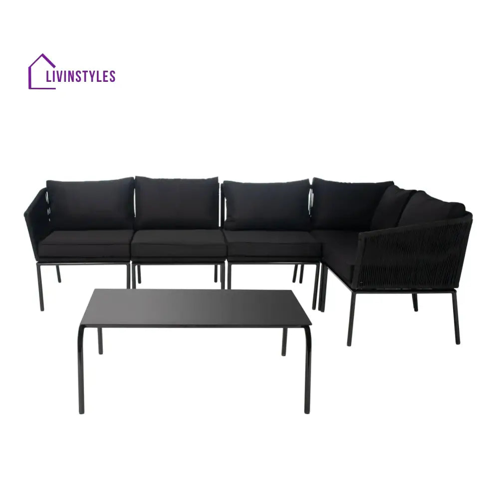 Rasha Outdoor Black Rope L-Shape All Weather Sectional Sofa Set - Sofa Set