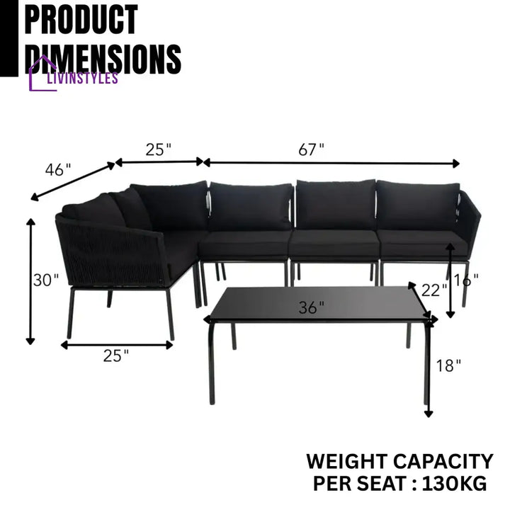 Rasha Outdoor Black Rope L-Shape All Weather Sectional Sofa Set - Sofa Set