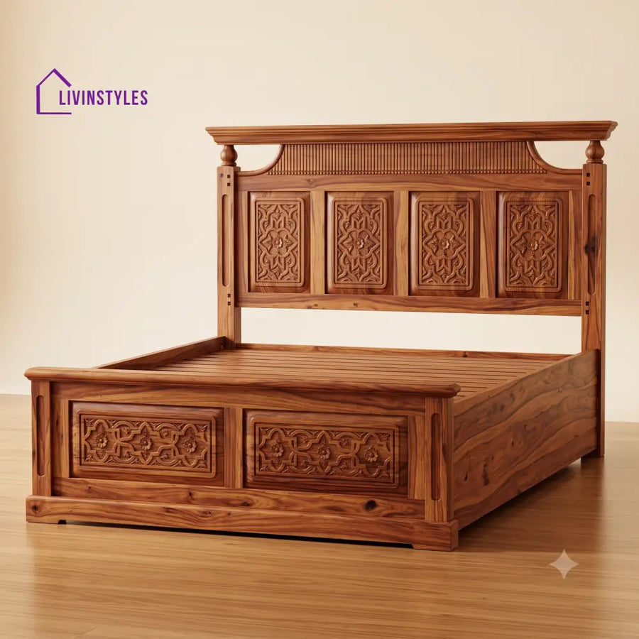 Rathika Sheesham Wood Bed With Box Storage | Wooden Bed