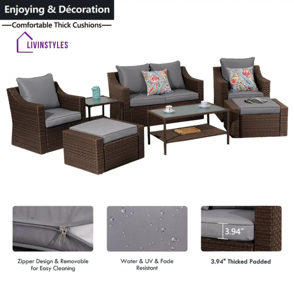 Ration Outdoor Garden Balcony Sofa Set 2 Seater 2 Single seater With 2 Ottoman and 1 Center Table 1 Side Table Set