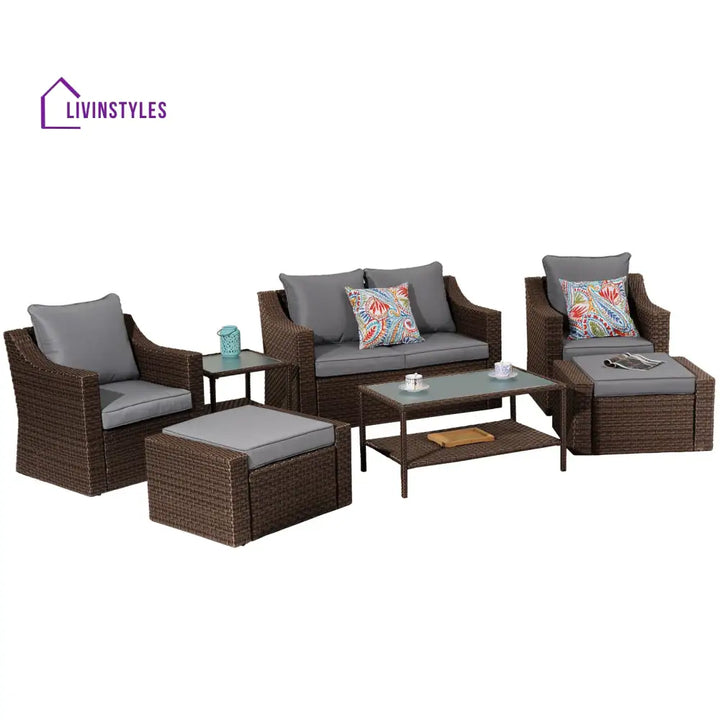 Ration Outdoor Garden Balcony Sofa Set 2 Seater 2 Single seater With 2 Ottoman and 1 Center Table 1 Side Table Set