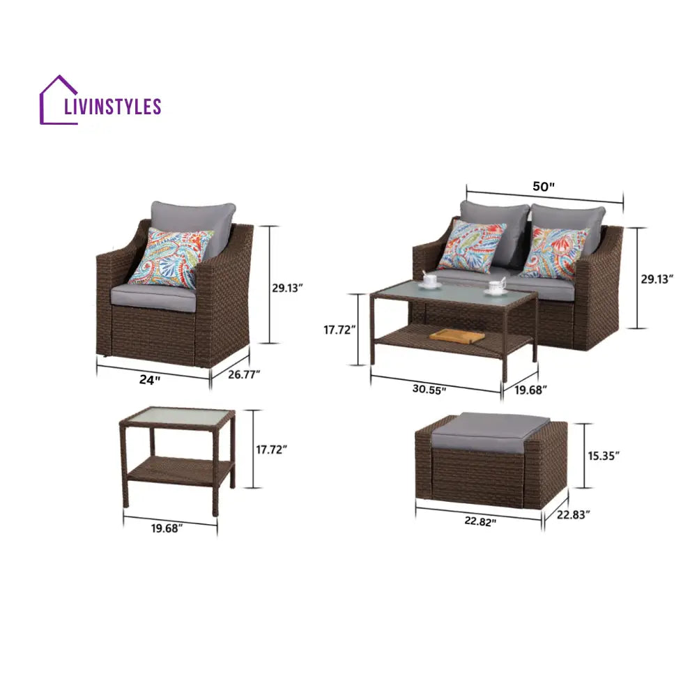 Ration Outdoor Garden Balcony Sofa Set 2 Seater 2 Single seater With 2 Ottoman and 1 Center Table 1 Side Table Set