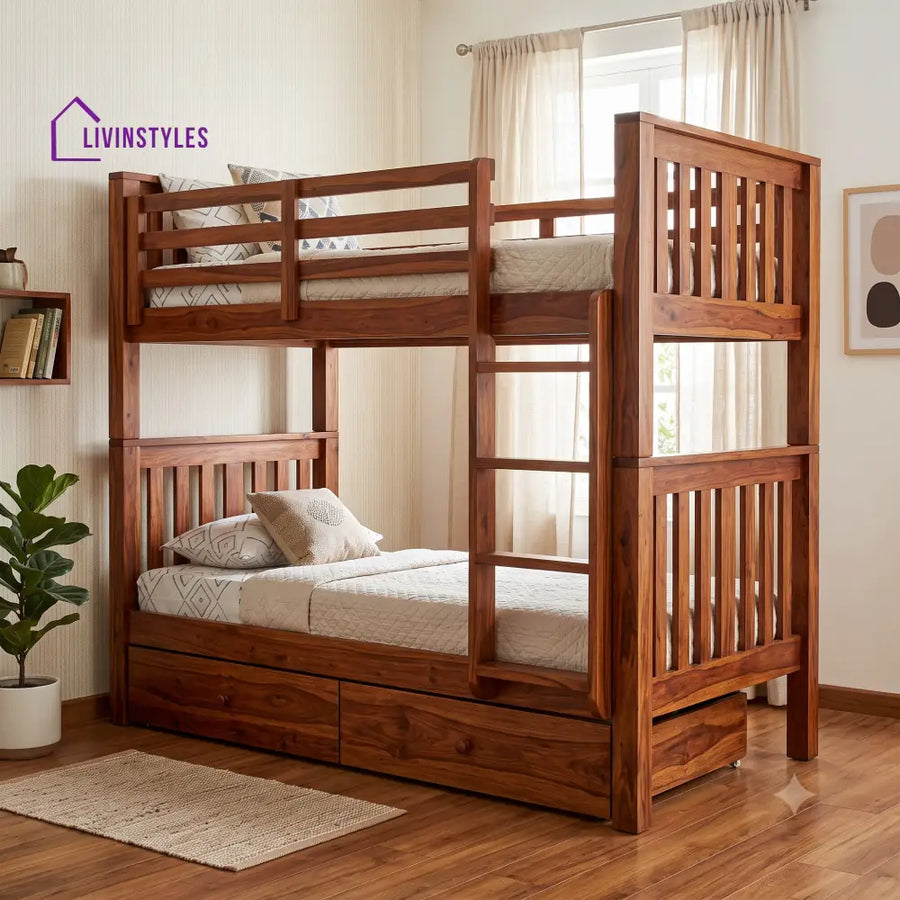 Ravi Sheesham Wood Bunk Bed With Storage | Kids Bed
