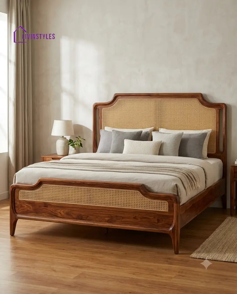 Ravi Wooden Bed with Cane Weaving Headboard Design | Bed without Storage
