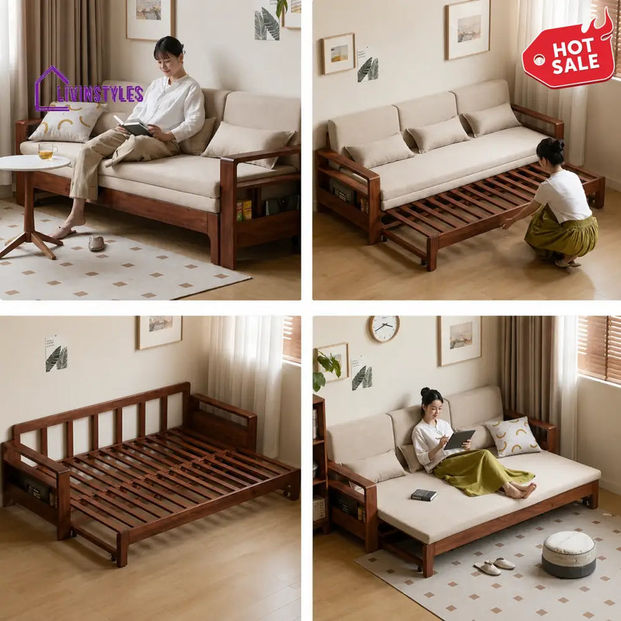 Rayan Solid Wood Sofa Come Bed for Living Room - SOFA BED