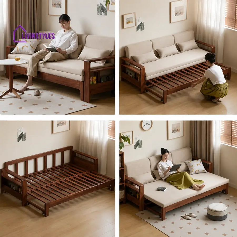 Rayan Solid Wood Sofa Come Bed for Living Room - SOFA BED