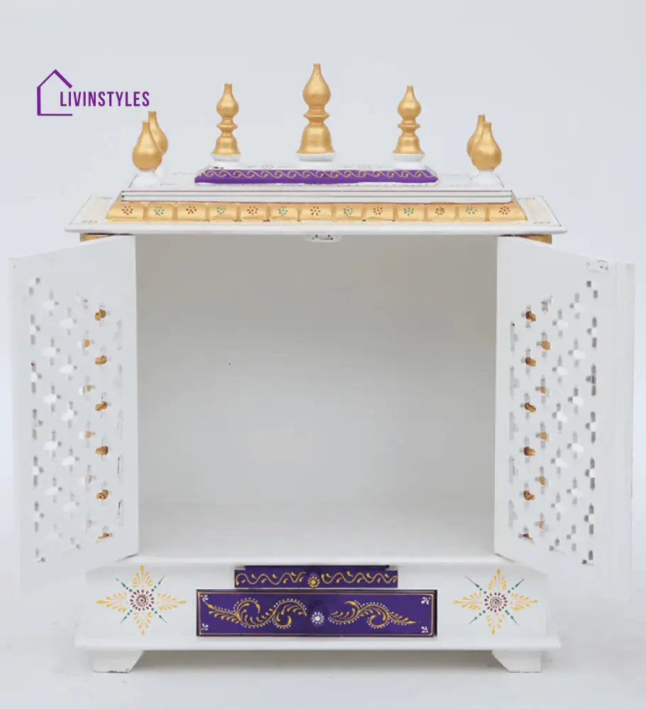 Red And White Mango Wood & MDF Pooja Mandir With Door, - Ouch Cart 