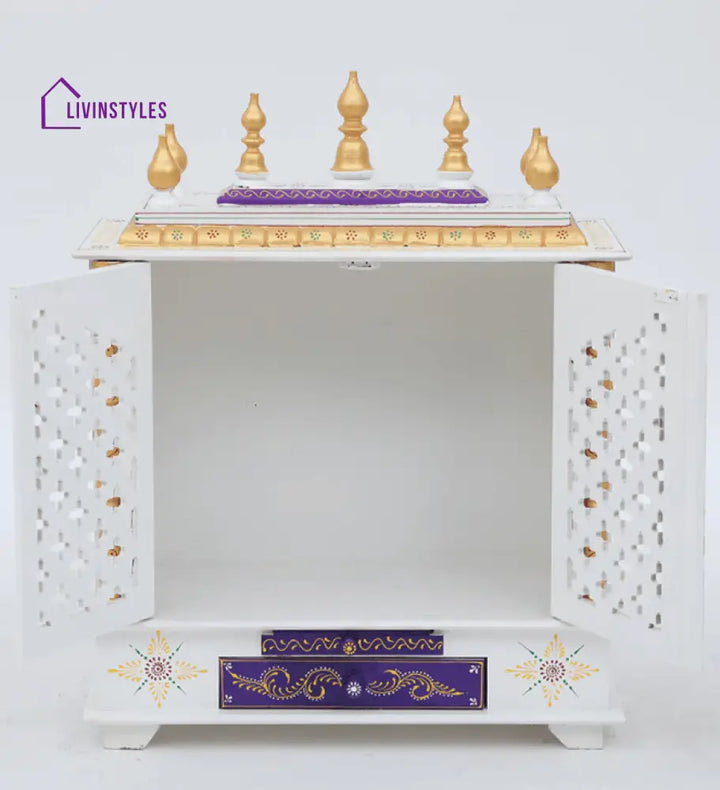 Red And White Mango Wood & MDF Pooja Mandir With Door, - Ouch Cart 