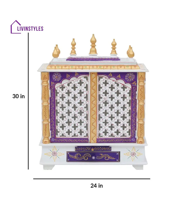 Red And White Mango Wood & MDF Pooja Mandir With Door, - Ouch Cart 