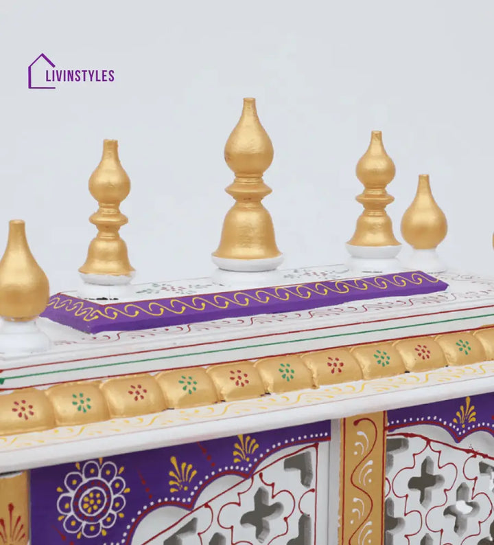 Red And White Mango Wood & MDF Pooja Mandir With Door, - Ouch Cart 