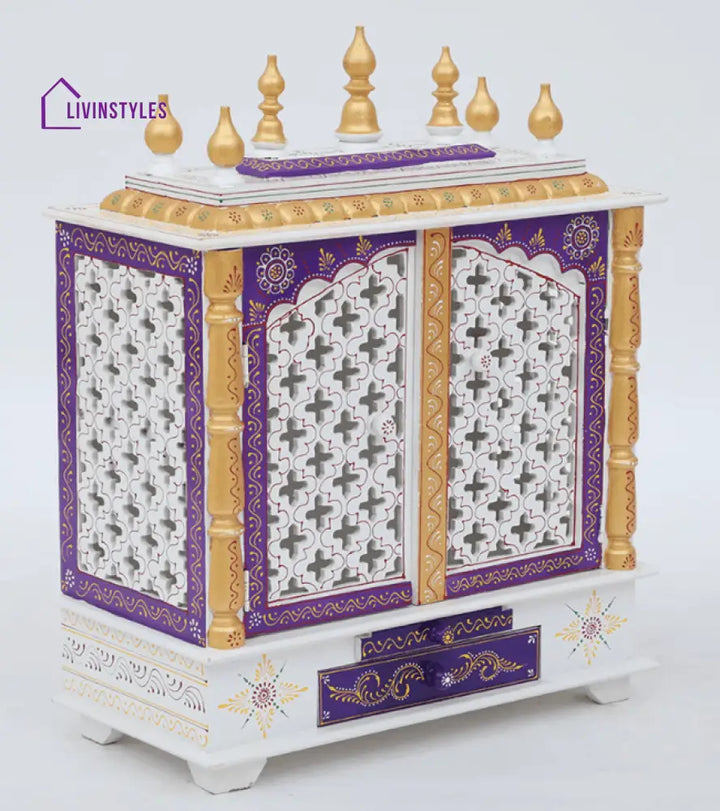 Red And White Mango Wood & MDF Pooja Mandir With Door, - Ouch Cart 