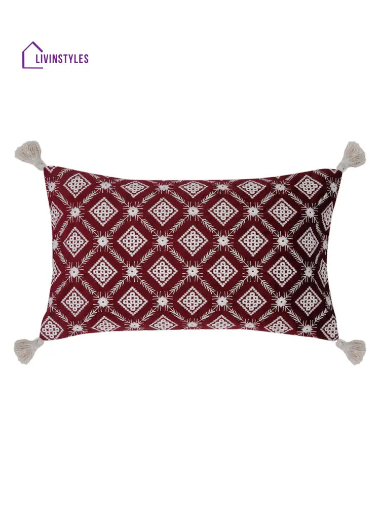 Red Color Embroidered Cushion Cover Set Of 2 (12X20 Inch)