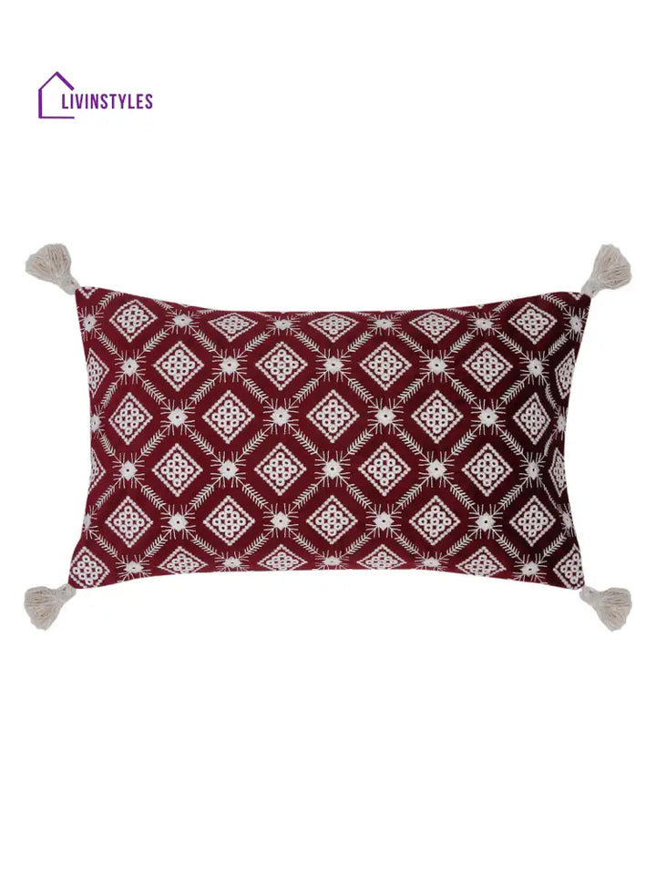 Red Color Embroidered Cushion Cover Set Of 2 (12X20 Inch)