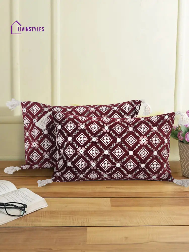 Red Color Embroidered Cushion Cover Set Of 2 (12X20 Inch)