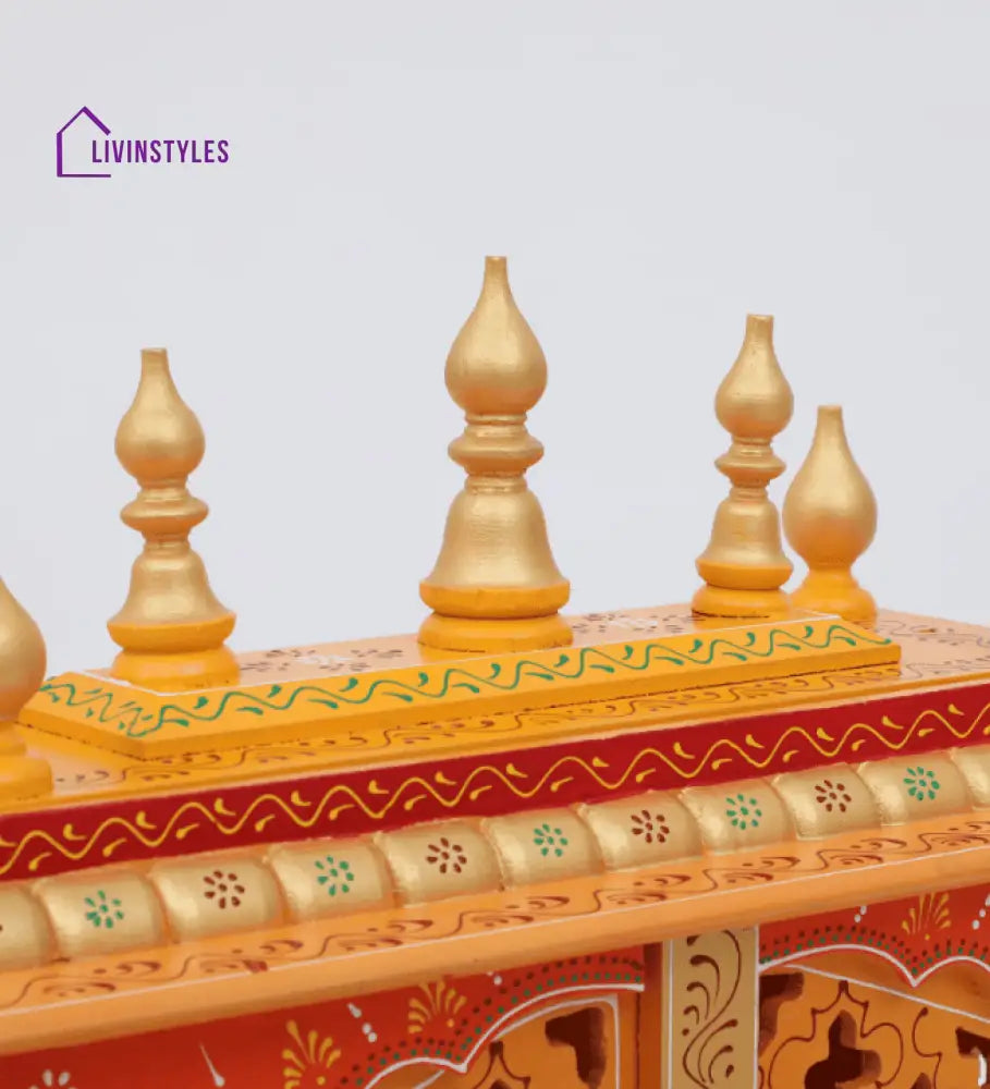 Red & Gold Mango Wood & MDF Pooja Mandir With Door, - Ouch Cart 