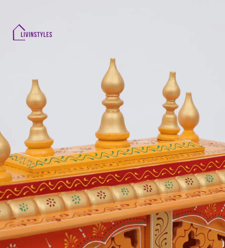 Red & Gold Mango Wood & MDF Pooja Mandir With Door, - Ouch Cart 