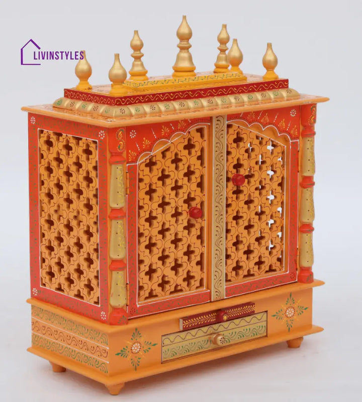 Red & Gold Mango Wood & MDF Pooja Mandir With Door, - Ouch Cart 