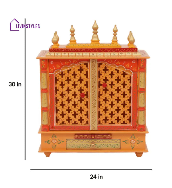 Red & Gold Mango Wood & MDF Pooja Mandir With Door, - Ouch Cart 