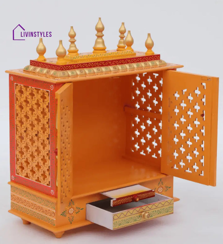 Red & Gold Mango Wood & MDF Pooja Mandir With Door, - Ouch Cart 